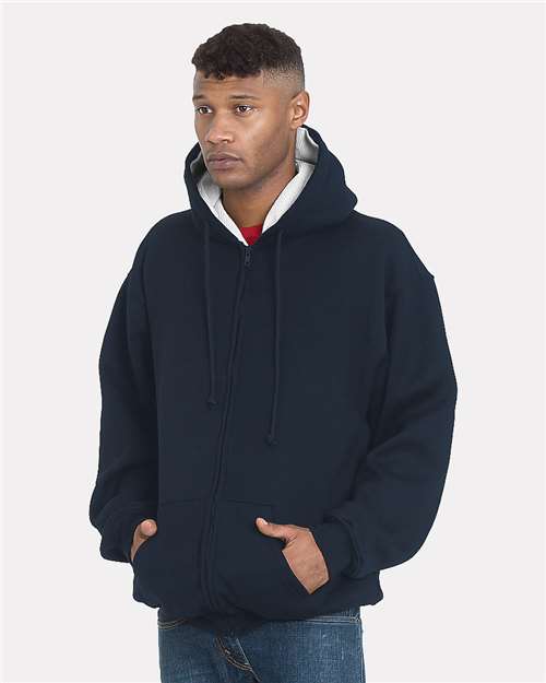 Unisex USA-Made Super Heavy Thermal Lined Full-Zip Hooded Sweatshirt - Navy/ Cream Front