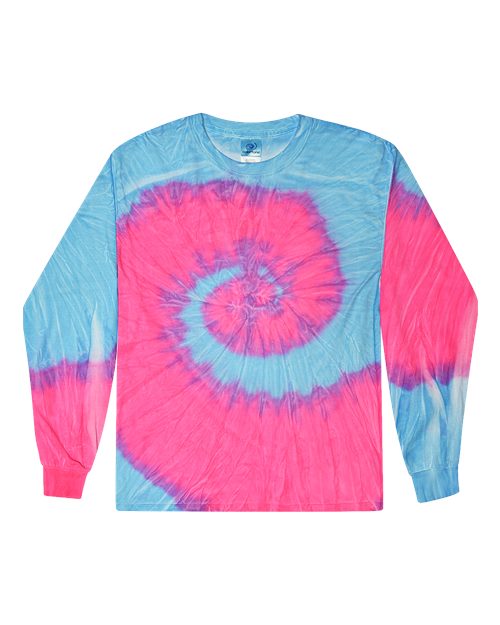 Colortone Unisex Tie-Dyed Long Sleeve T-Shirt - Flo Blue/ Pink Front