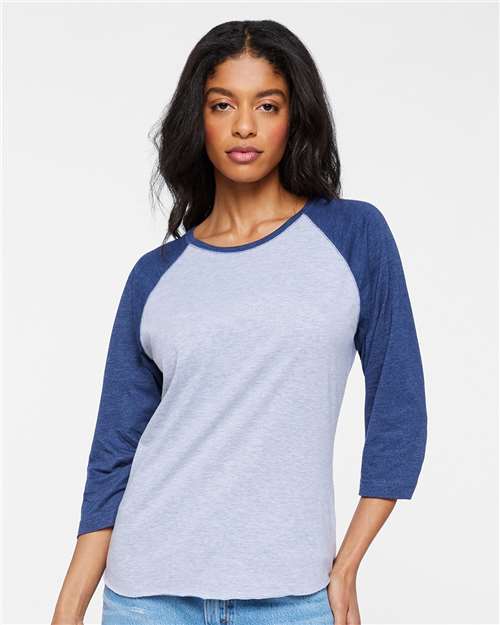 Women's Baseball Fine Jersey Three-Quarter Sleeve Tee - Vintage Heather/ Vintage True Navy Front