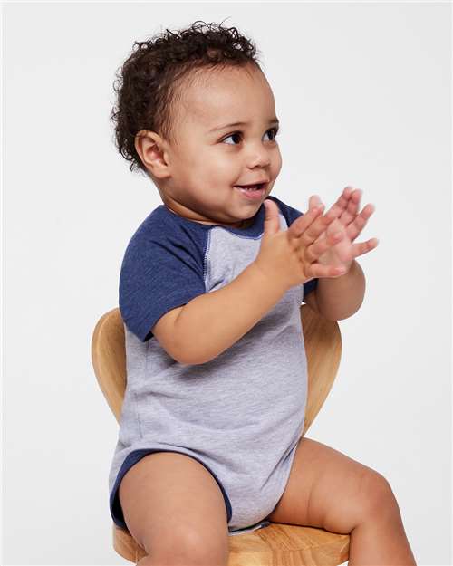 Infant Baseball Fine Jersey Bodysuit - Vintage Heather/ Vintage True Navy Front