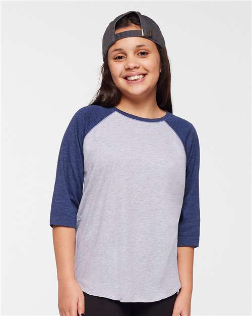 Youth Baseball Fine Jersey Three-Quarter Sleeve Tee - Vintage Heather/ Vintage True Navy Front