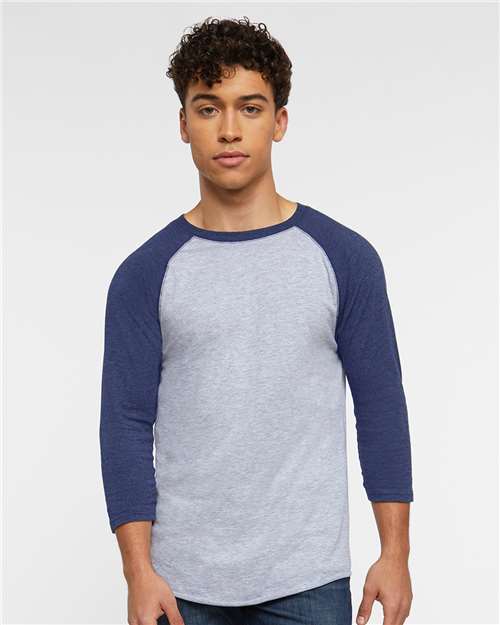 Men's Baseball Fine Jersey Three-Quarter Sleeve Tee - Vintage Heather/ Vintage True Navy Front