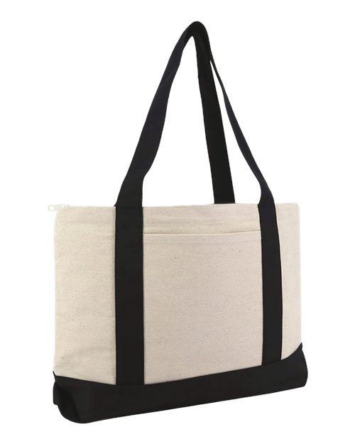 Large Zippered Cotton Canvas Tote - Natural/ Black Front