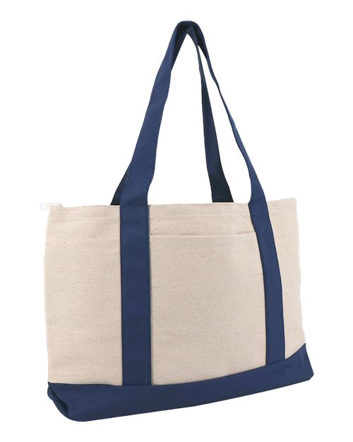 Large Zippered Cotton Canvas Tote - Natural/ Navy Front