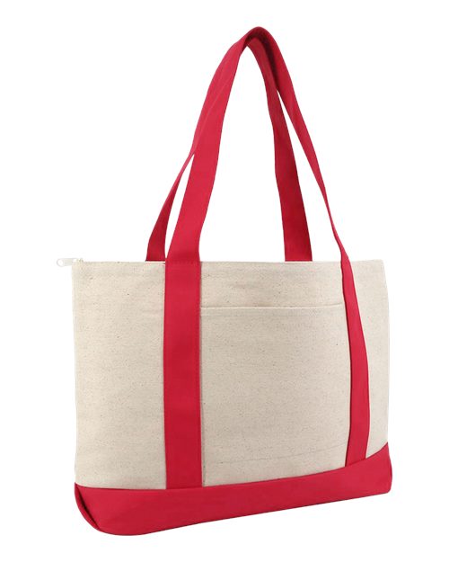 Large Zippered Cotton Canvas Tote - Natural/ Red Front