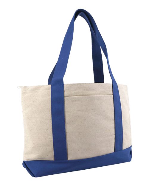 Large Zippered Cotton Canvas Tote - Natural/ Royal Front