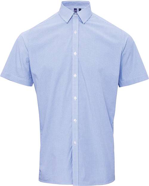 Men's Microcheck Gingham Cotton Shirt - Light Blue/ White Front