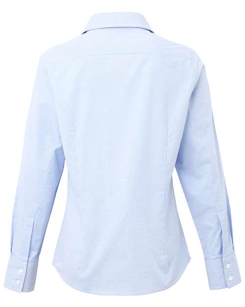 Women's Microcheck Gingham Cotton Shirt - Light Blue/ White Back