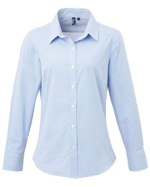 Women's Microcheck Gingham Cotton Shirt - Light Blue/ White Front