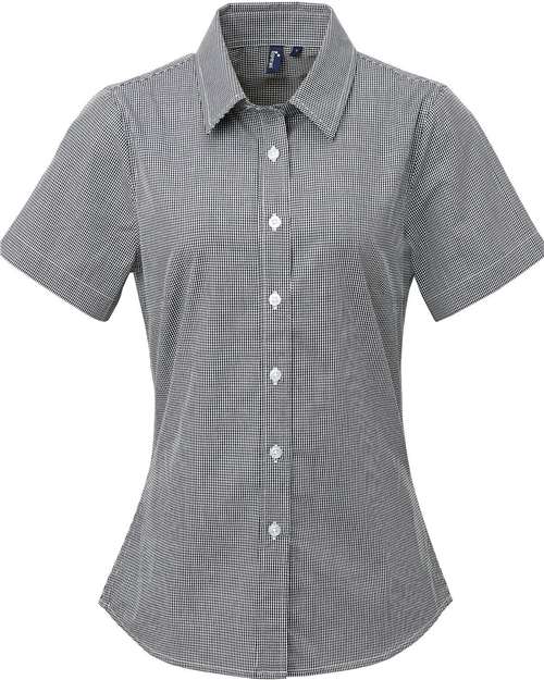 Women's Microcheck Gingham Short Sleeve Cotton Dress Shirt - Black/ White Front