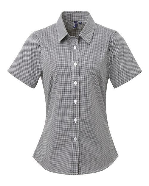 Artisan Collection by Reprime Women's Microcheck Gingham Short Sleeve Cotton Dress Shirt - Black/ White Front