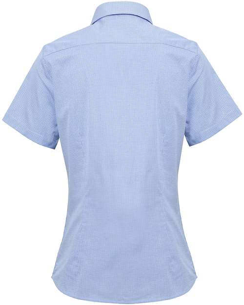 Women's Microcheck Gingham Short Sleeve Cotton Dress Shirt - Light Blue/ White Back