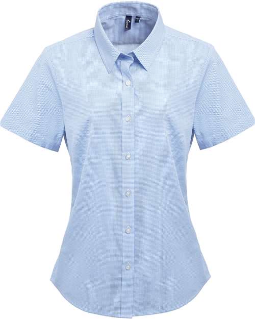 Women's Microcheck Gingham Short Sleeve Cotton Dress Shirt - Light Blue/ White Front