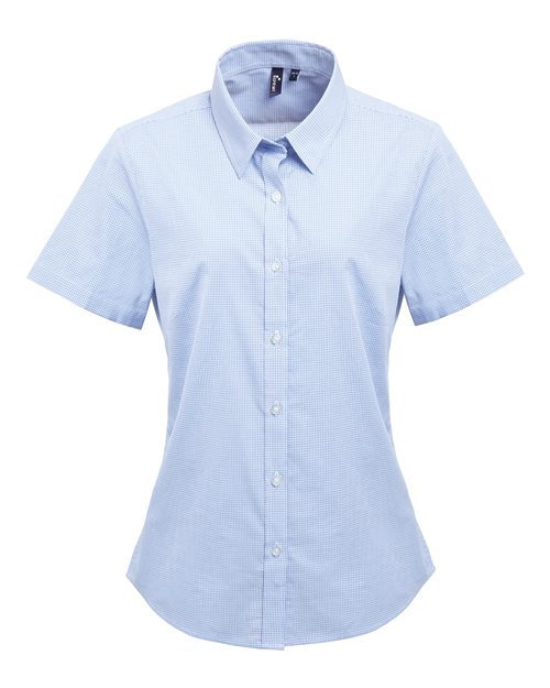 Artisan Collection by Reprime Women's Microcheck Gingham Short Sleeve Cotton Dress Shirt - Light Blue/ White Front