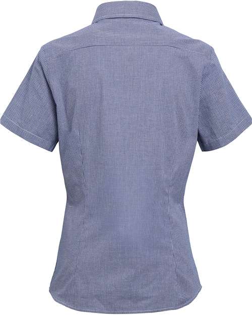 Women's Microcheck Gingham Short Sleeve Cotton Dress Shirt - Navy/ White Back