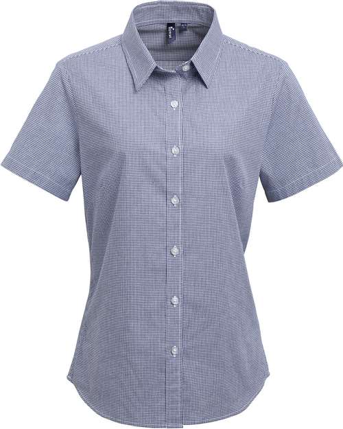 Women's Microcheck Gingham Short Sleeve Cotton Dress Shirt - Navy/ White Front