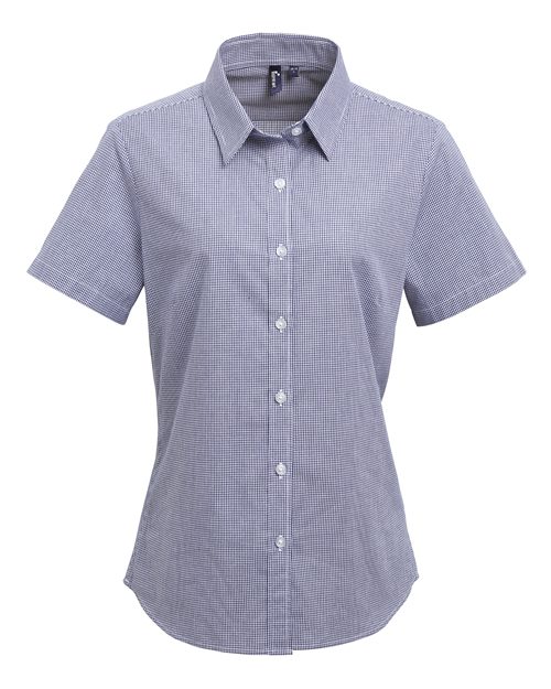 Artisan Collection by Reprime Women's Microcheck Gingham Short Sleeve Cotton Dress Shirt - Navy/ White Front