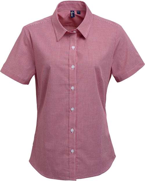 Women's Microcheck Gingham Short Sleeve Cotton Dress Shirt - Red/ White Front