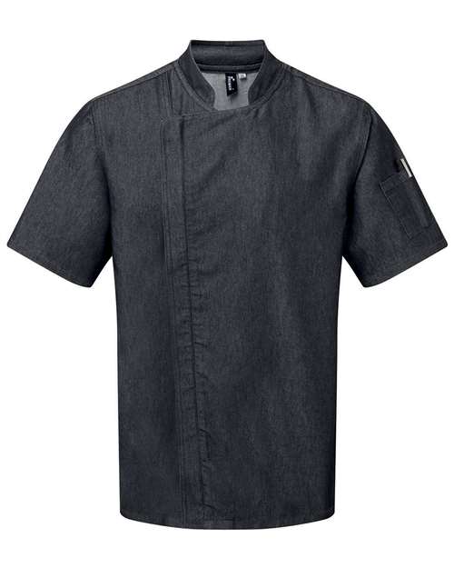 Unisex Zip-Close Short Sleeve Chef's Coat - Black Denim Front