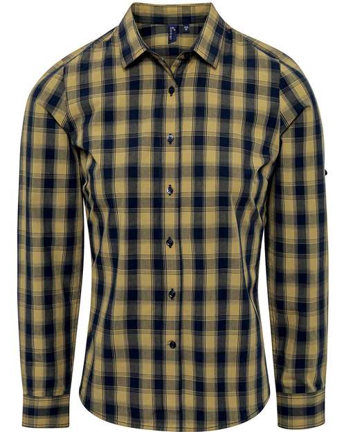 Women's Mulligan Check Cotton Dress Shirt - Camel/ Navy Front