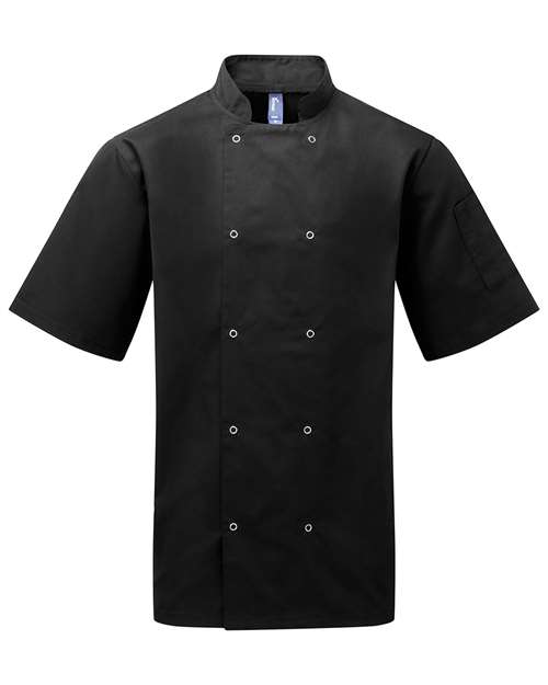 Unisex Ten Studded Front Short Sleeve Chef Coat - Black Front