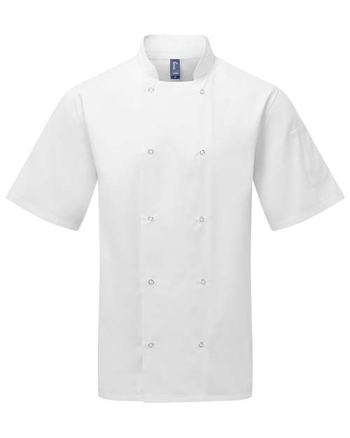 Unisex Ten Studded Front Short Sleeve Chef Coat - White Front