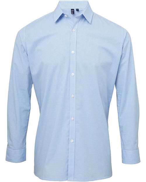 Men's Microcheck Gingham Cotton Shirt - Light Blue/ White Front