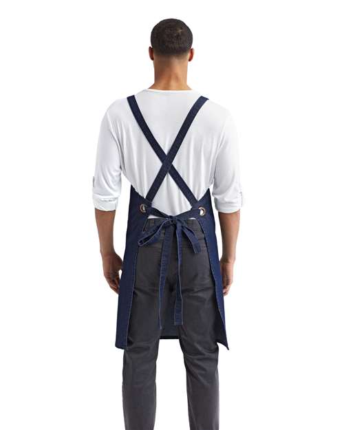 Cross Back Barista Bib Apron - Indigo Denim Back