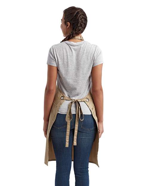 Barley Contrast Stitch Recycled Bib Apron - Khaki/ Brown Back