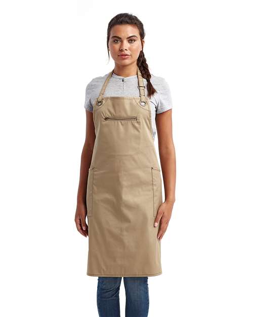 Barley Contrast Stitch Recycled Bib Apron - Khaki/ Brown Front