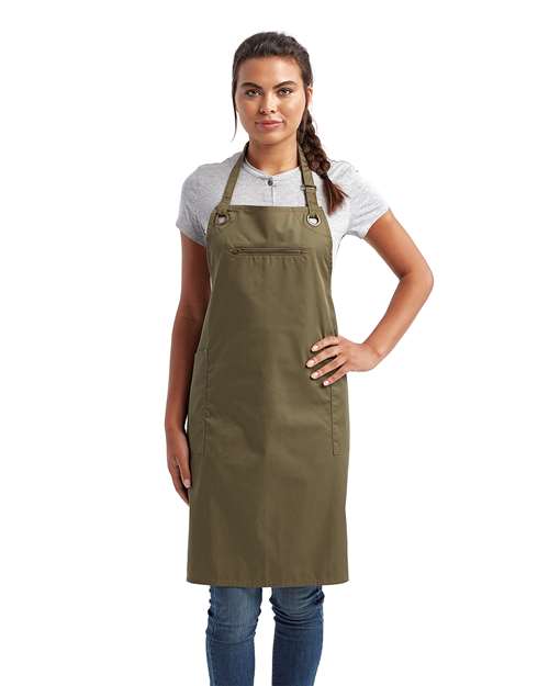 Barley Contrast Stitch Recycled Bib Apron - Olive/ Chestnut Front