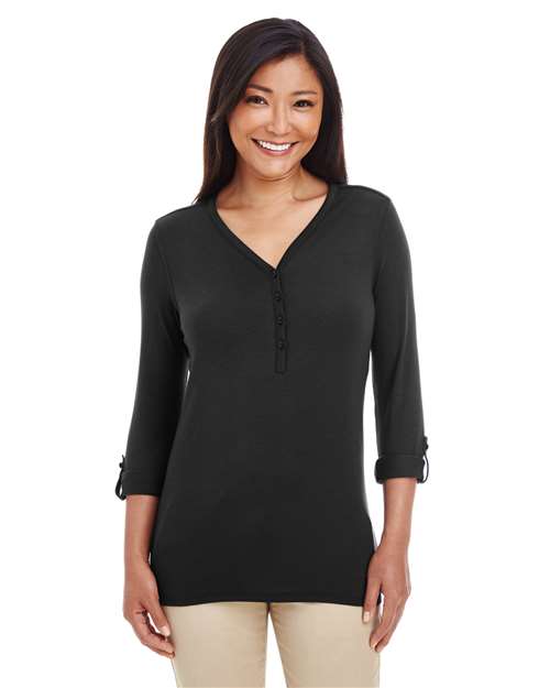 Women's Perfect Fit™ Y-Placket Convertible Sleeve Knit Top - Black Front