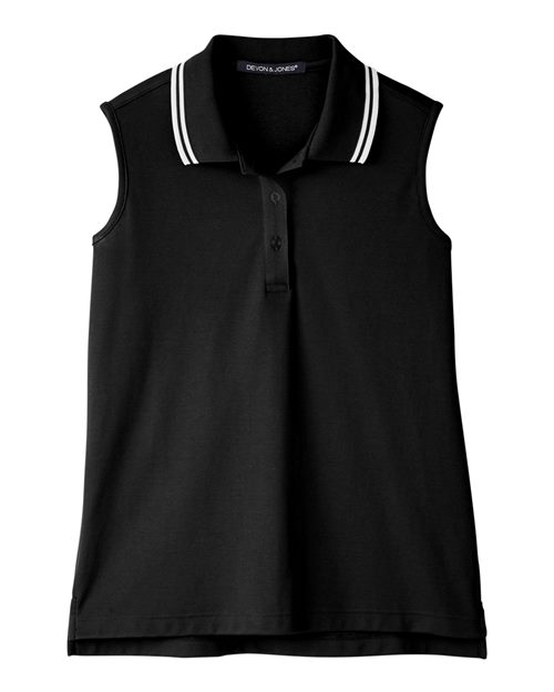 Women's CrownLux Performance® Plaited Tipped Sleeveless Polo - Black/ White Front