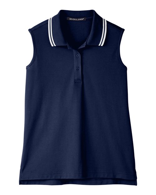 Women's CrownLux Performance® Plaited Tipped Sleeveless Polo - Navy/ White Front