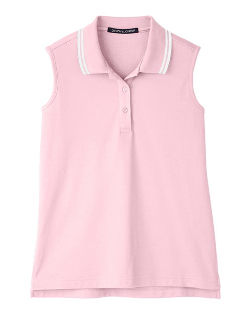 Women's CrownLux Performance® Plaited Tipped Sleeveless Polo - Pink/ White Front