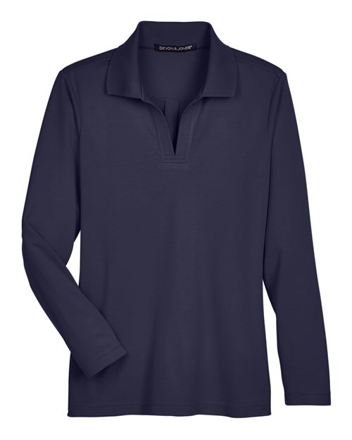 Women's CrownLux Performance® Plaited Long Sleeve Polo - Navy Front