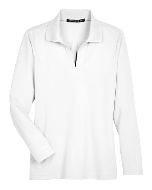 Women's CrownLux Performance® Plaited Long Sleeve Polo - White Front