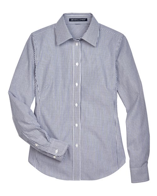 Women's Crown Collection® Banker Stripe Woven Dress Shirt - Navy Front