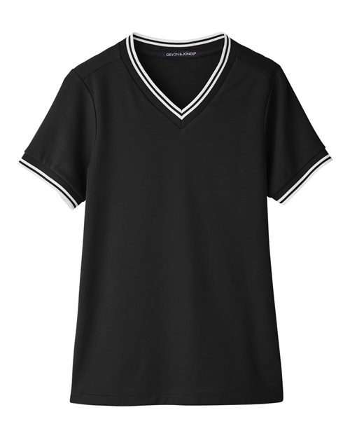Women's CrownLux Performance® Plaited Tipped V-Neck Shirt - Black/ White Front