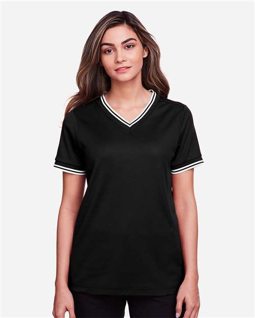Devon & Jones Women's CrownLux Performance® Plaited Tipped V-Neck Shirt - Model Front