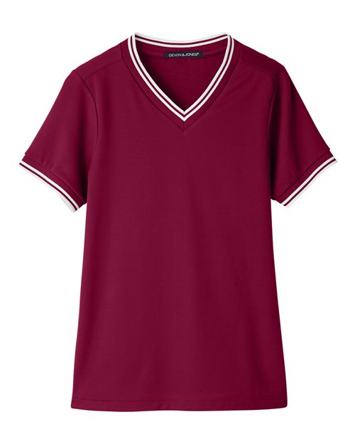 Women's CrownLux Performance® Plaited Tipped V-Neck Shirt - Burgundy/ White Front