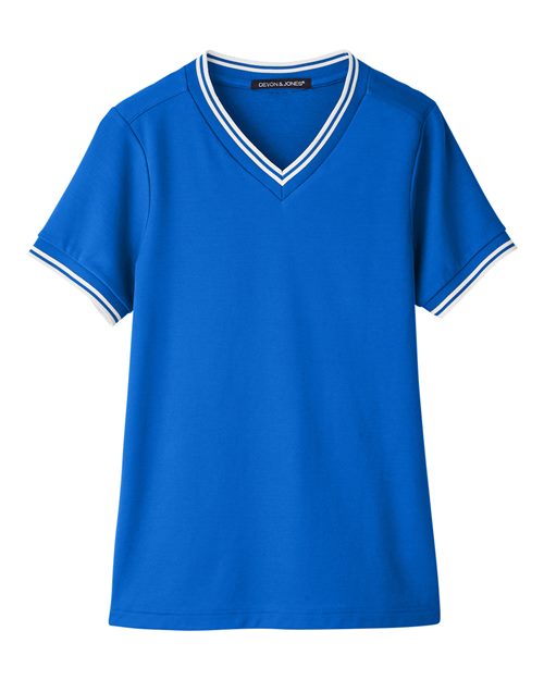 Women's CrownLux Performance® Plaited Tipped V-Neck Shirt - French Blue/ White Front