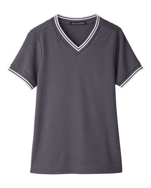 Women's CrownLux Performance® Plaited Tipped V-Neck Shirt - Graphite/ White Front