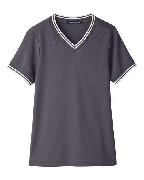 Devon & Jones Women's CrownLux Performance® Plaited Tipped V-Neck Shirt - Graphite/ White Front
