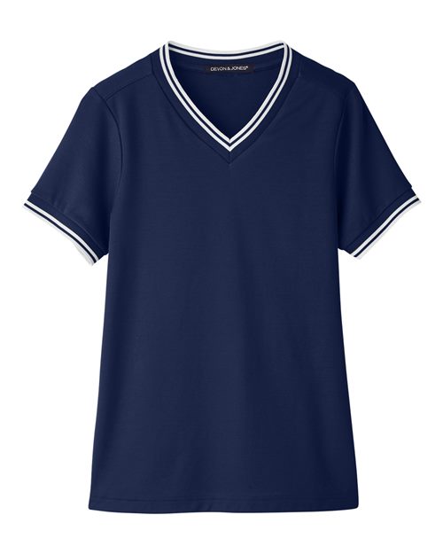 Women's CrownLux Performance® Plaited Tipped V-Neck Shirt - Navy/ White Front
