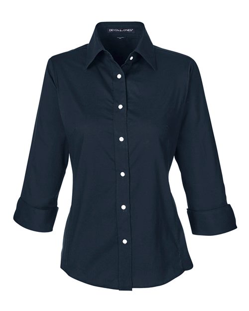 Women's Perfect Fit™ Three-Quarter Sleeve Stretch Poplin Dress Shirt - Navy Front