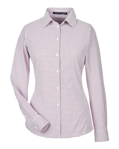 Women's CrownLux Performance® Micro Windowpane Woven Dress Shirt - Burgundy/ White Front