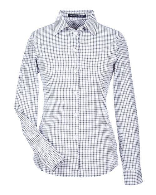 Women's CrownLux Performance® Micro Windowpane Woven Dress Shirt - Navy/ White Front