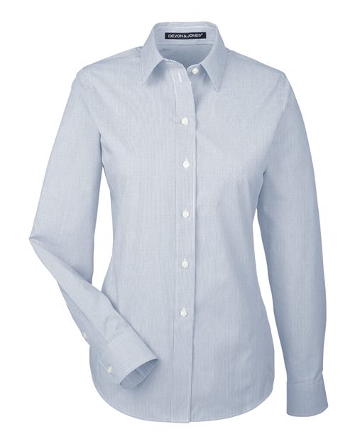 Women's Crown Collection® Striped Woven Dress Shirt - Navy/ White Front