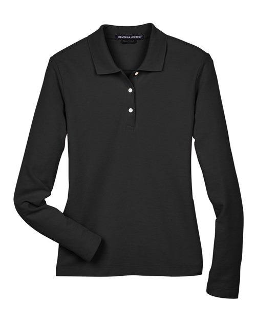 Women's Pima Piqué Long Sleeve Polo - Black Front